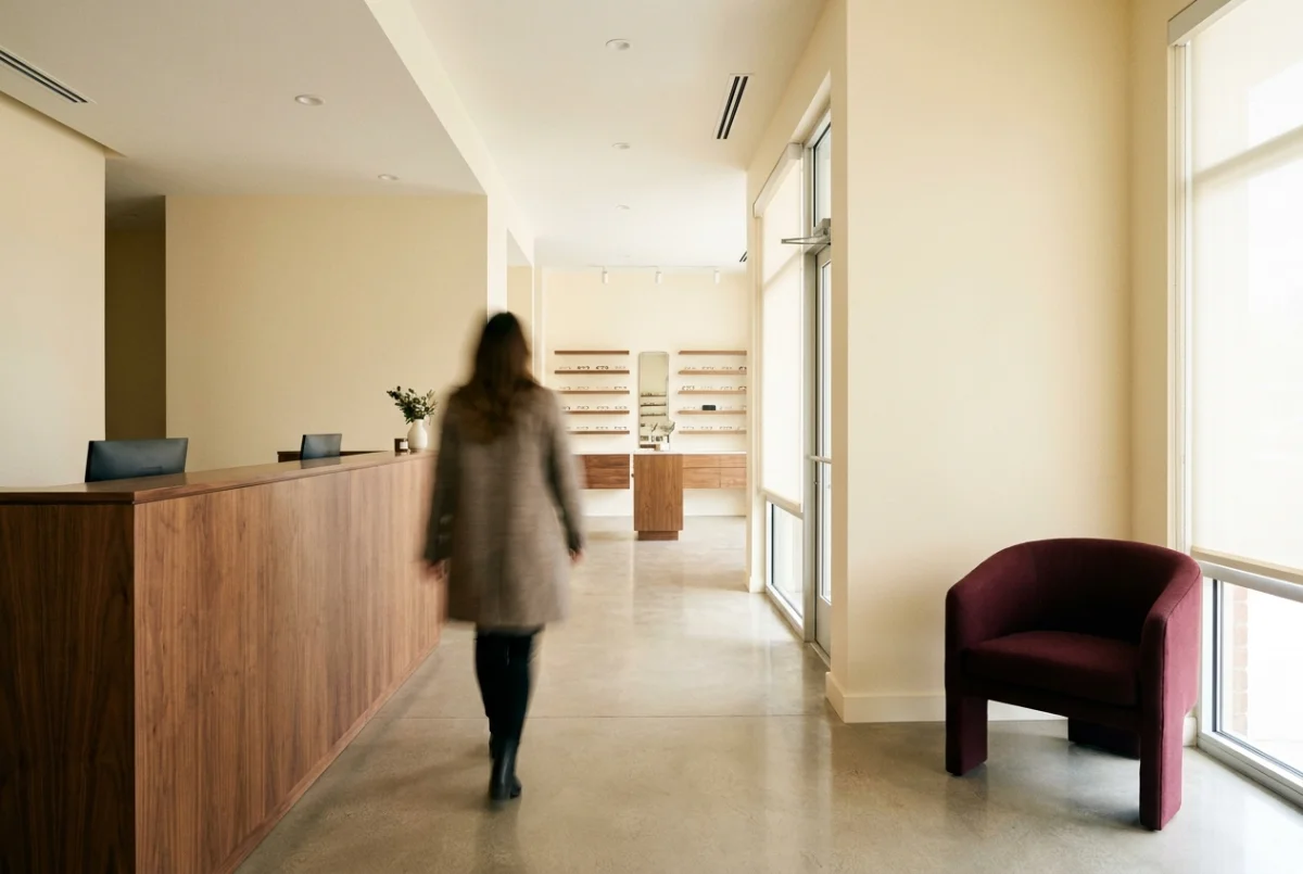 A patient waiting area inside an eye care practice