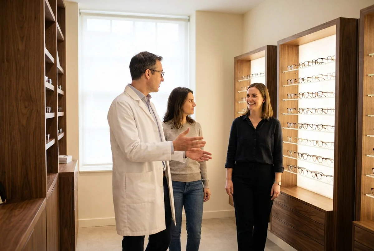 A doctor introducing a patient to an optician