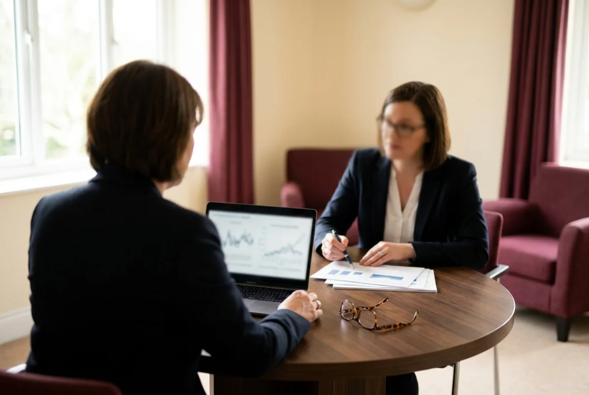A manager reviewing performance dashboards with staff