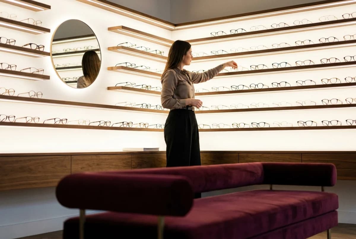A merchandised eyewear display board