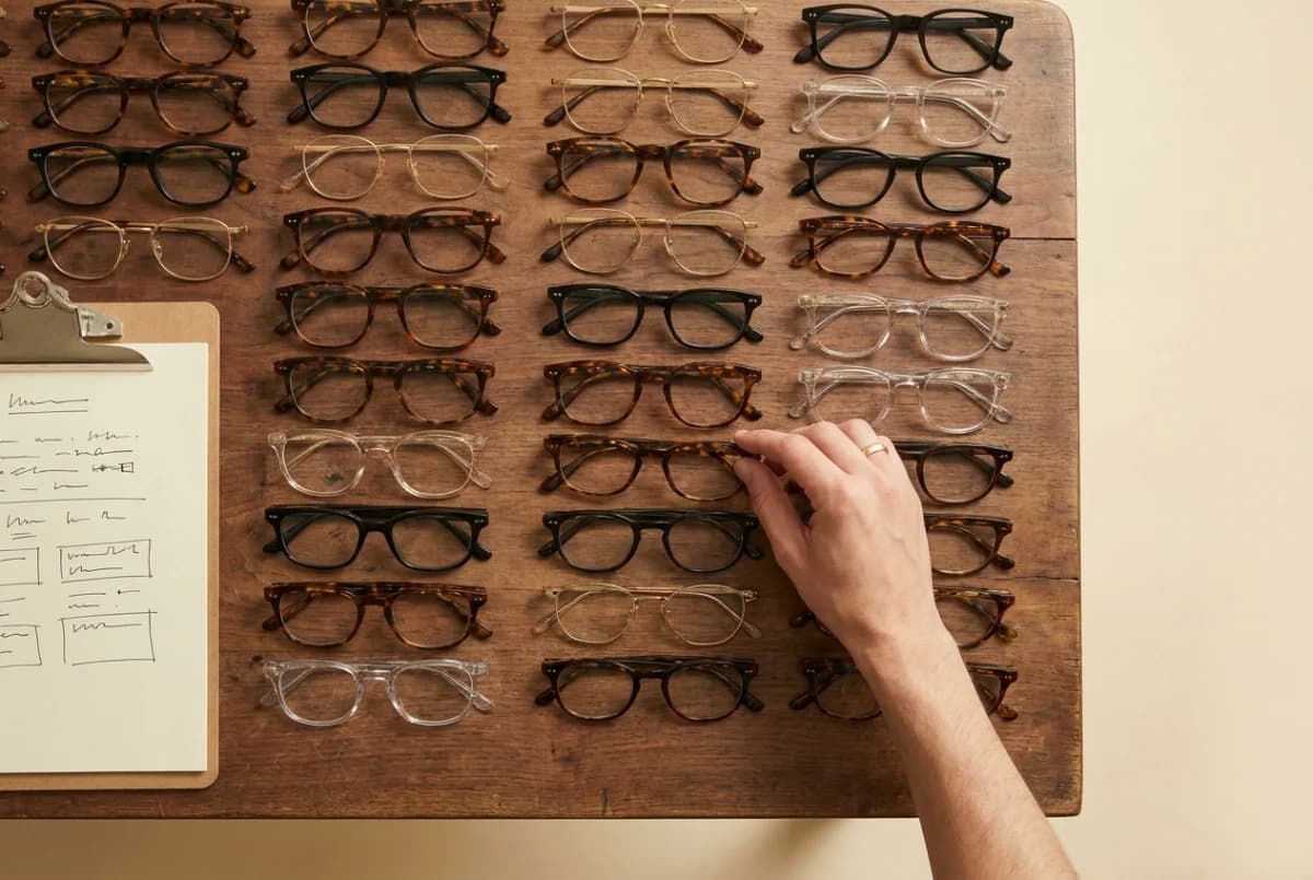 An assortment of eyewear frames arranged for review